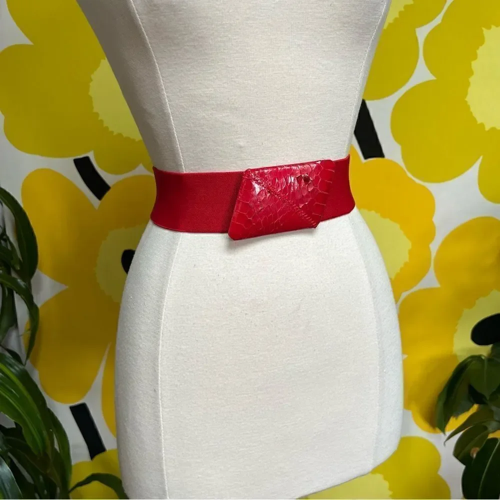 Vintage 1980s Cherry Red Elastic Belt with Snakeskin Buckle